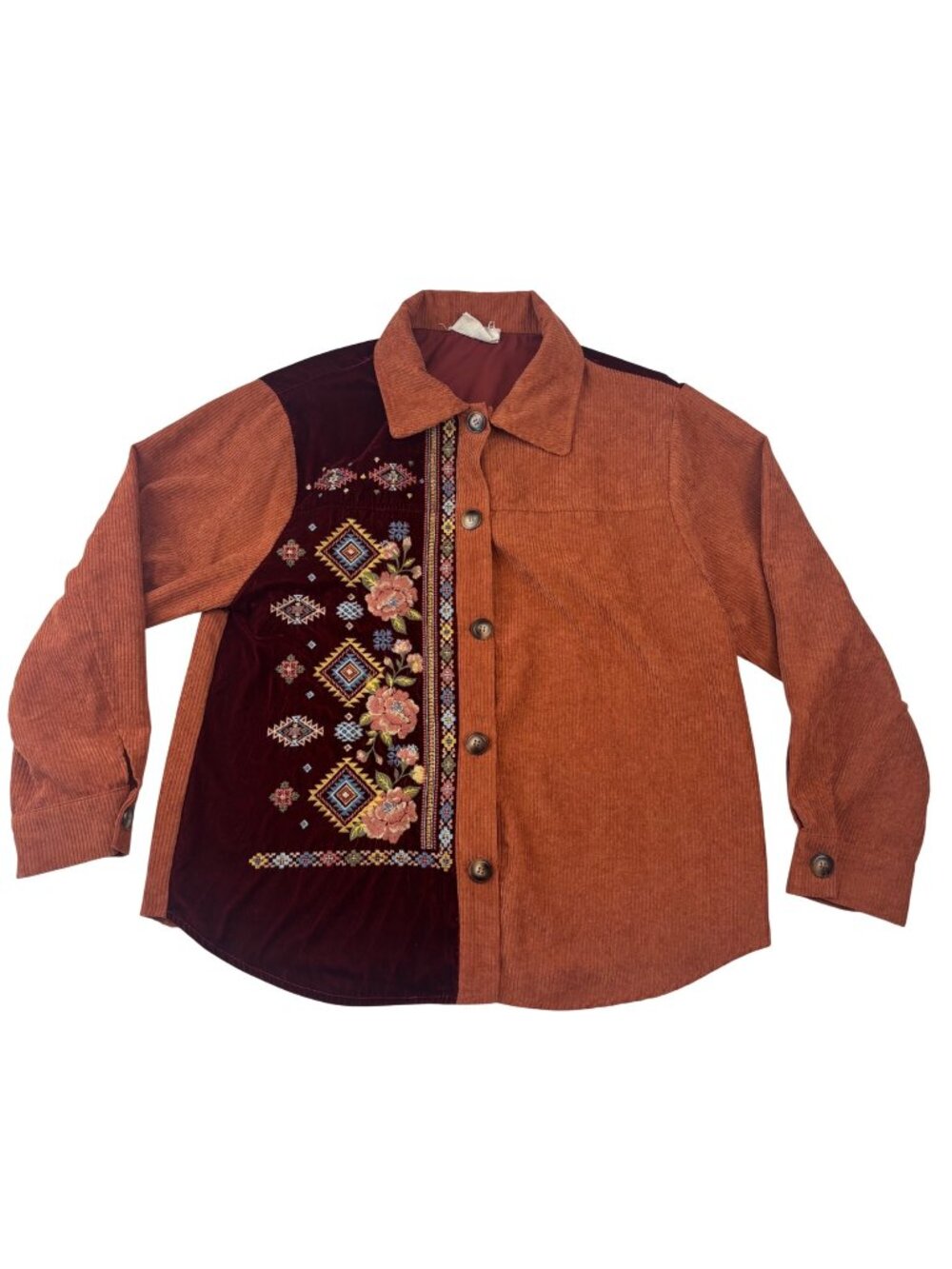 Savanna Jane L Embroidered Corduroy Velvet Button-Up Shirt Jacket Shacket Boho
